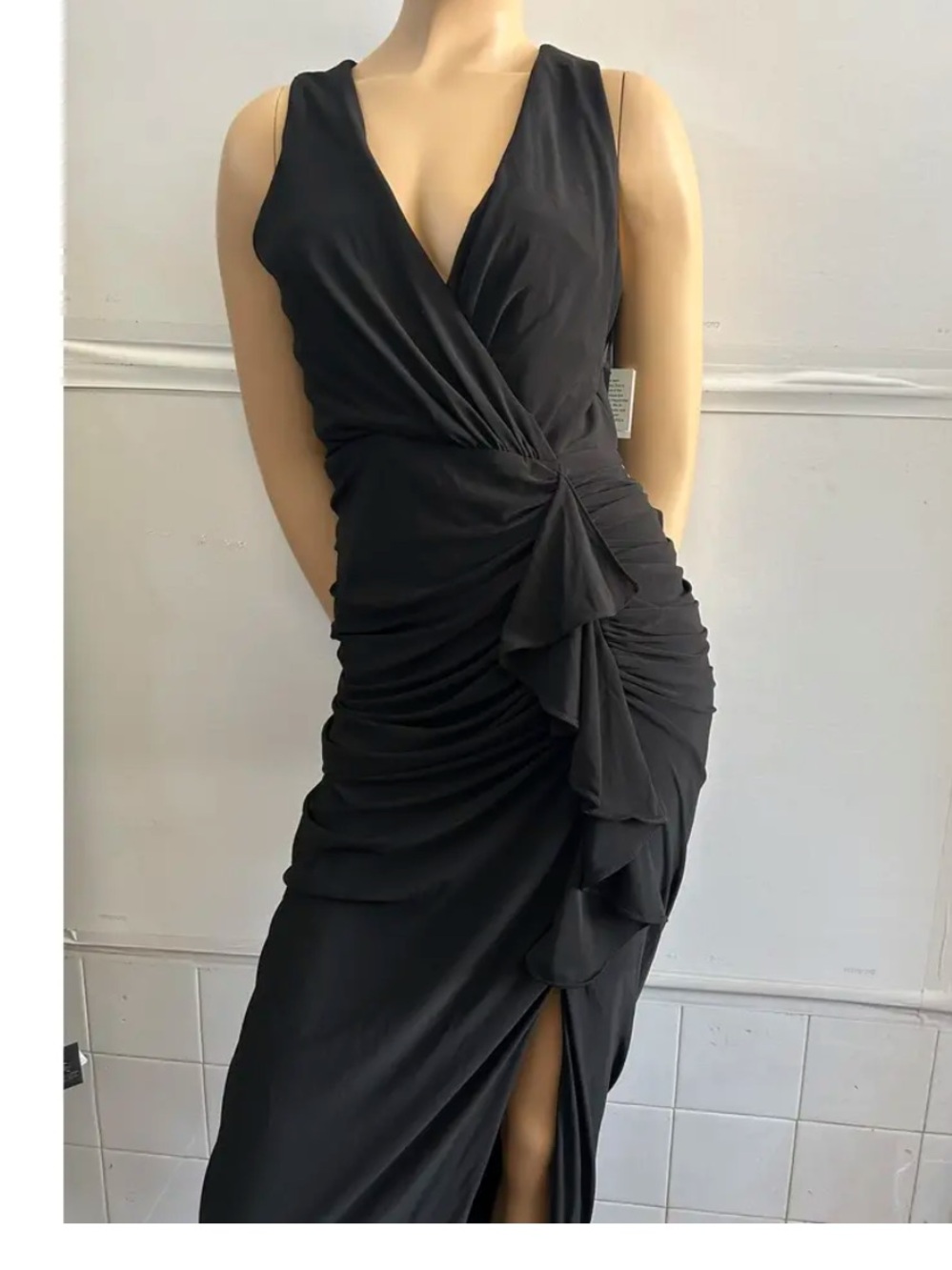 Betsy & Adam Black Sleeveless Draped Maxi Gown
